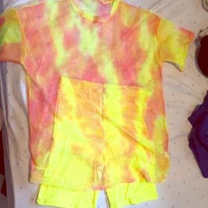 Mesh top with high waisted neon green biker shorts